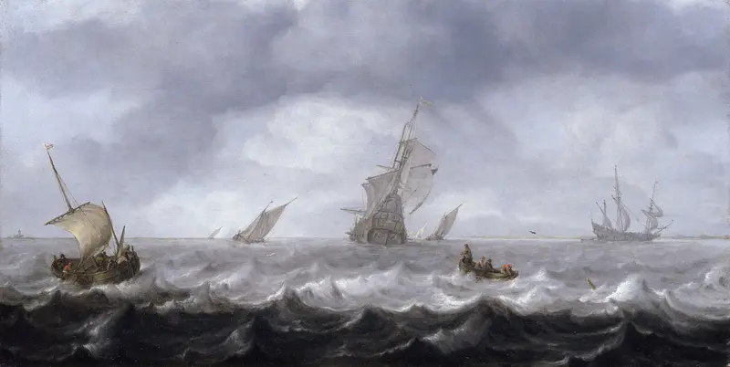A vast seascape with ships navigating churning waters under a dramatic sky.