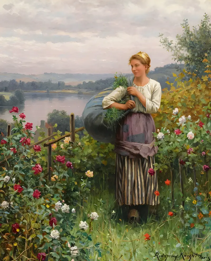 A serene depiction of a rose garden by Daniel Ridgway Knight.