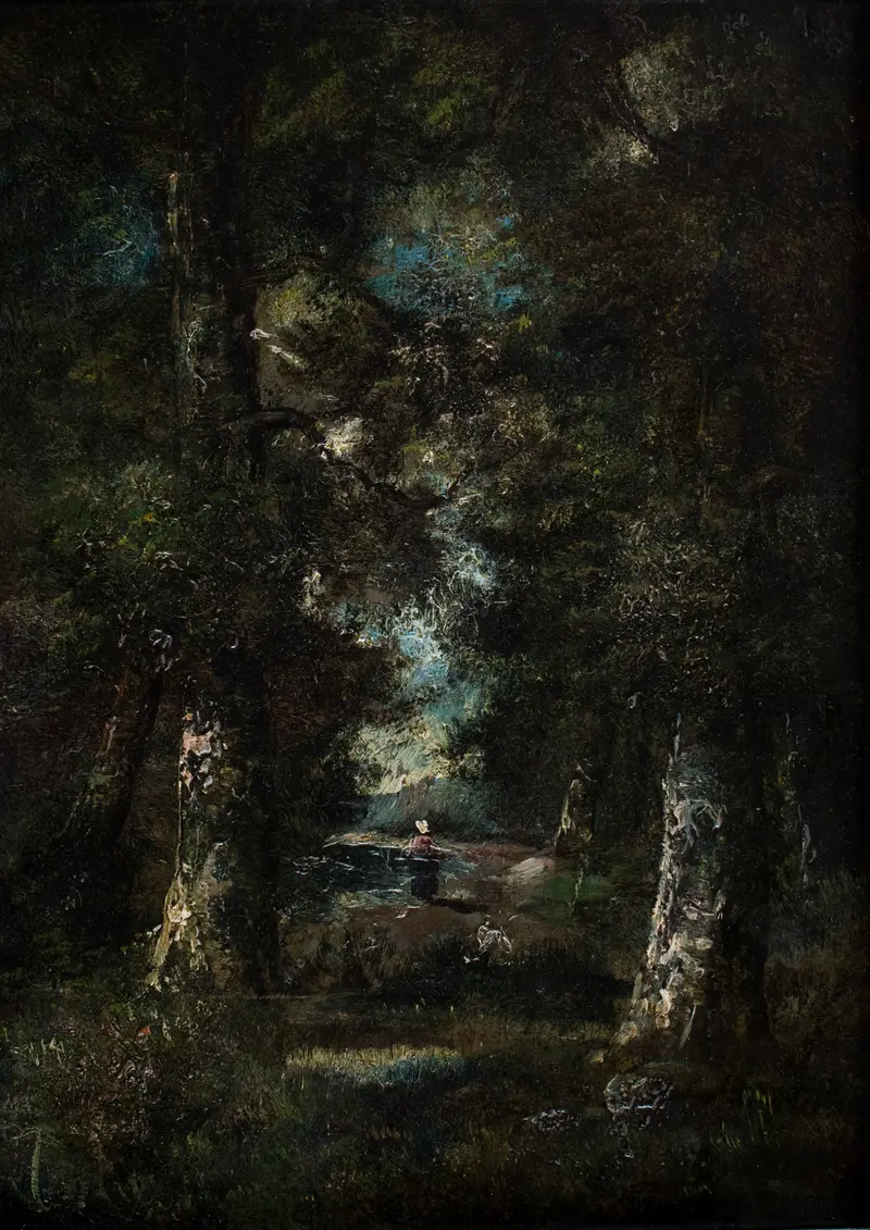 Landscape by Narcisse-Virgile Diaz de La Peña, oil painting depicting a forest path with sunlight.