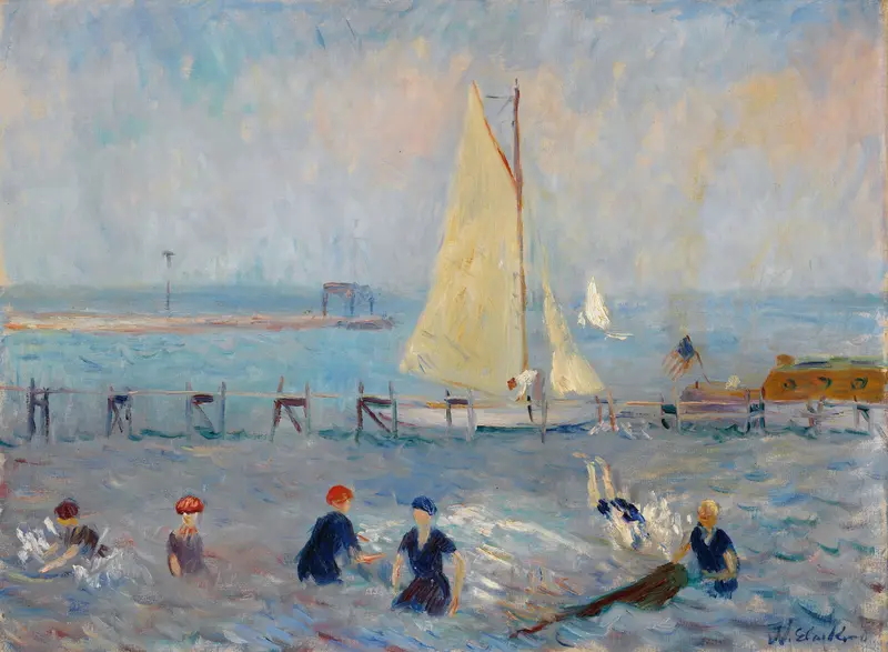 Seascape with Six Bathers, Bellport by William James Glackens, oil painting depicting bathers in the ocean.