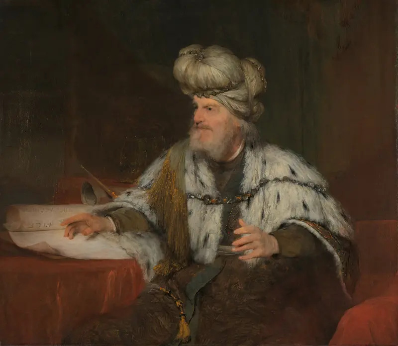A seated figure of King David in heavy robes and an elaborate turban, holding a scroll with Hebrew script.