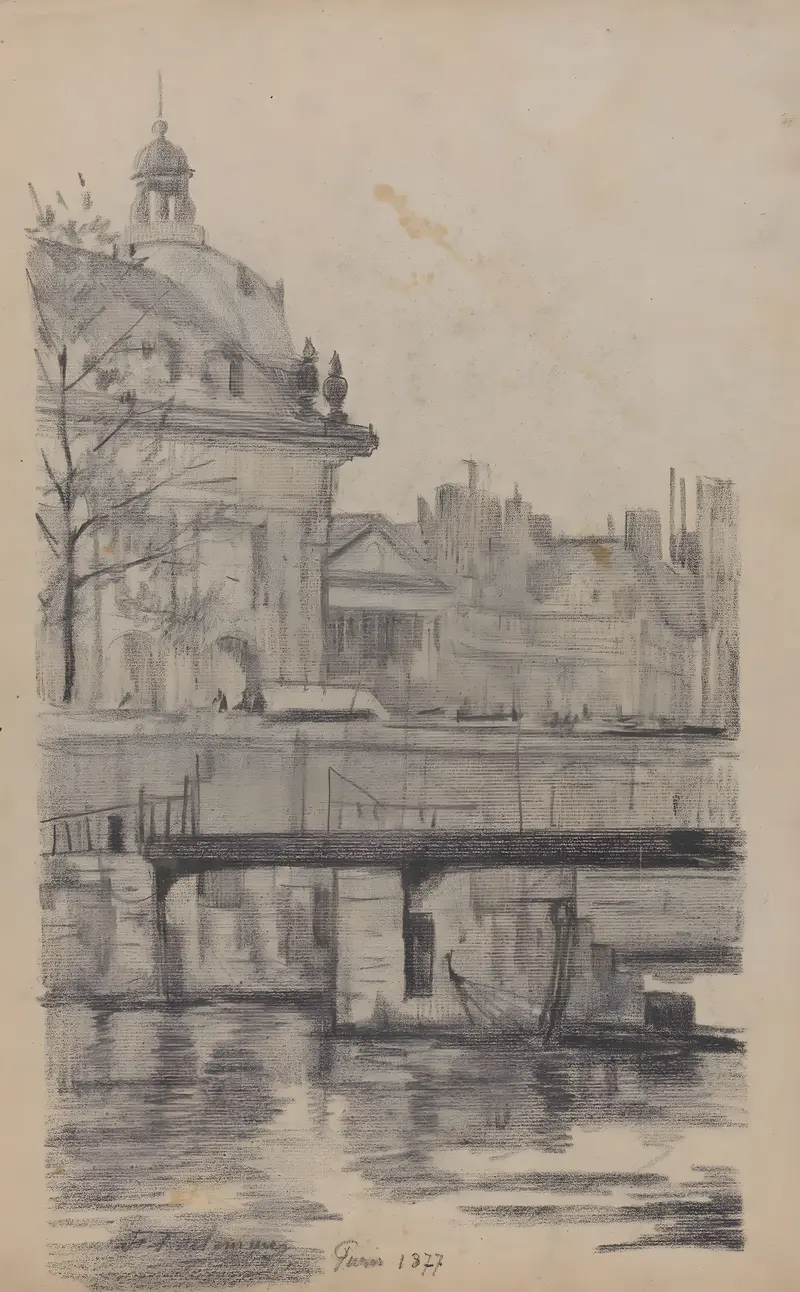 Landscape of the Seine river with buildings, oil painting by Jean-François Taelemans