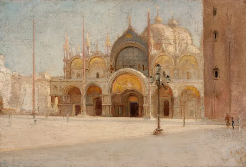 St Mark’s Square in Venice by Jan Ciągliński, oil on canvas, featuring vibrant architecture and bustling crowds.