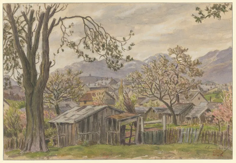 Chambéry lithograph by Henri Rivière depicting hills, water, and reflections under a soft sky