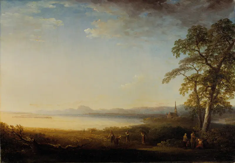Landskap vid Mora kyrka by Carl Johan Fahlcrantz, oil painting depicting a lush landscape.