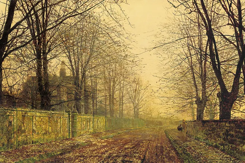The Sere and Yellow Leaf, oil painting by John Atkinson Grimshaw, featuring autumn leaves and twilight hues.
