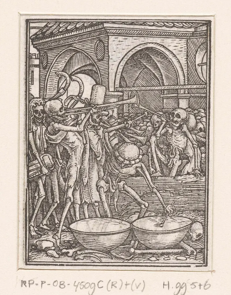 Skeletons making music with instruments on paper by Hans Holbein (II)