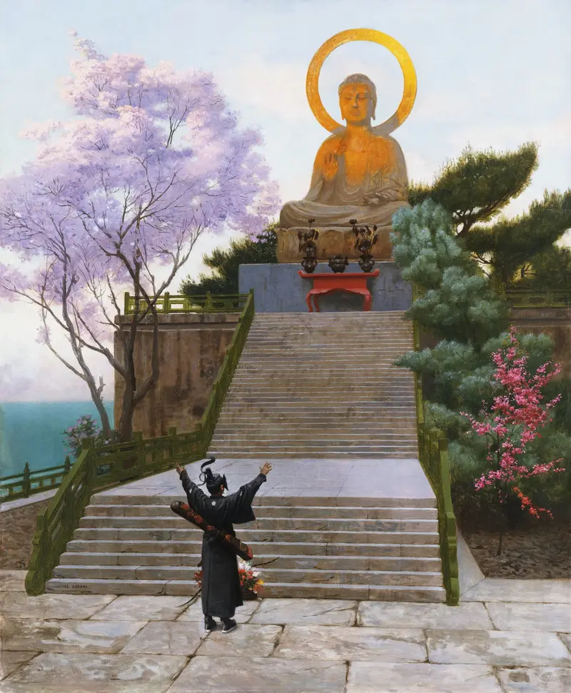 A painting depicting a Japanese scene of devotion to a deity.