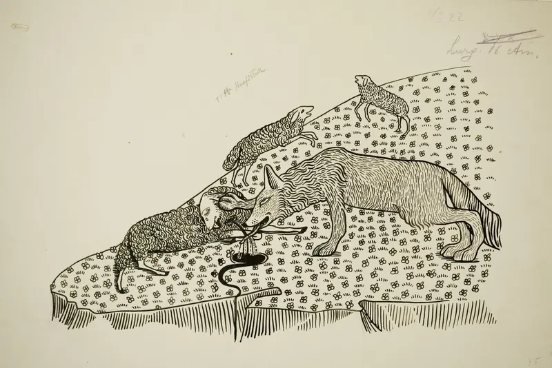 A depiction of Reynard the Fox making a confession before the king and court.
