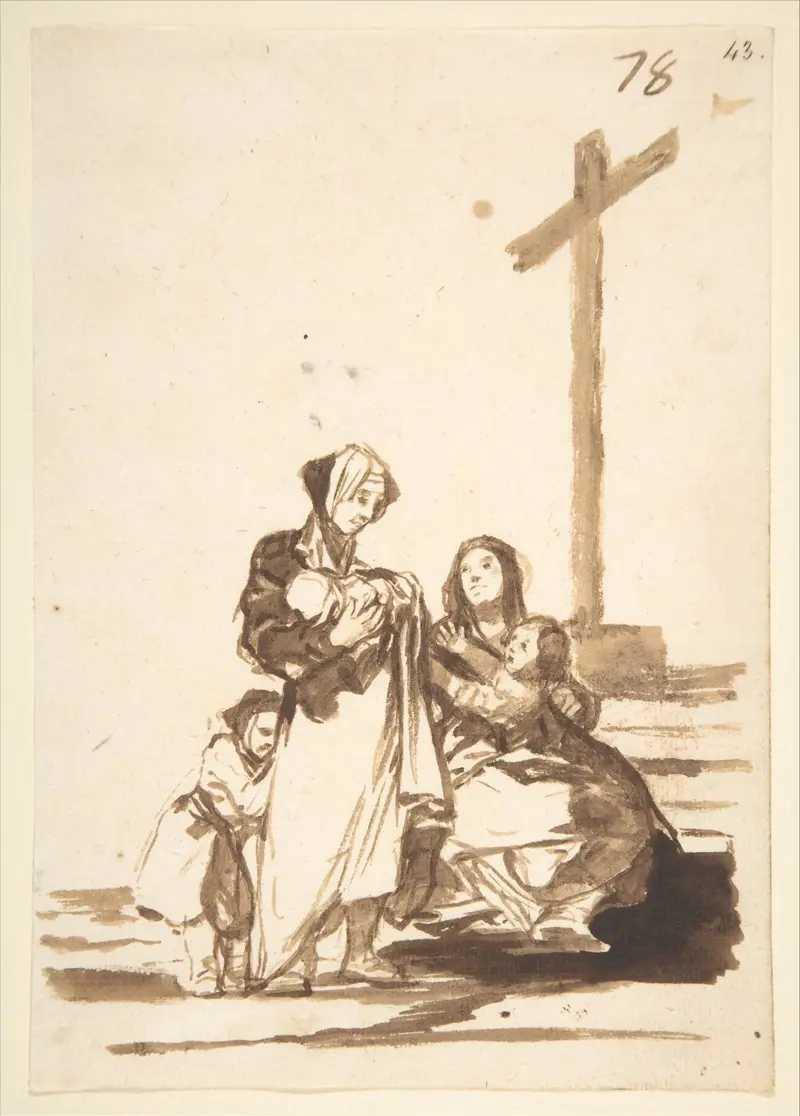 A depiction of women and children gathered near a cross, showcasing Goya's unique style.