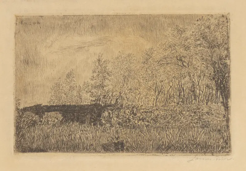 Landelijke brug by James Ensor, oil painting depicting a serene landscape with a bridge and water.