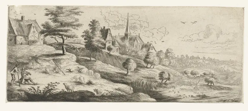 Landscape with a village and a man playing a shawm, etching by Lucas van Uden.