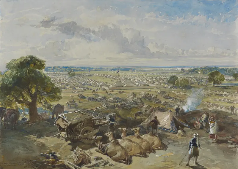 Watercolour by William Simpson depicting tents and flags at a camp under a dusky sky.