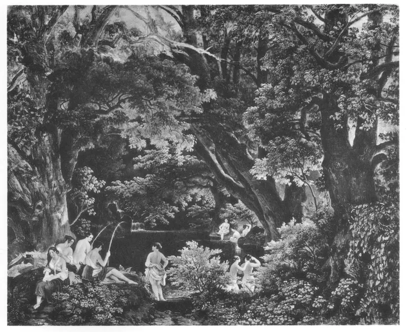 A serene forest scene featuring women bathing at the water's edge, framed by dense foliage.