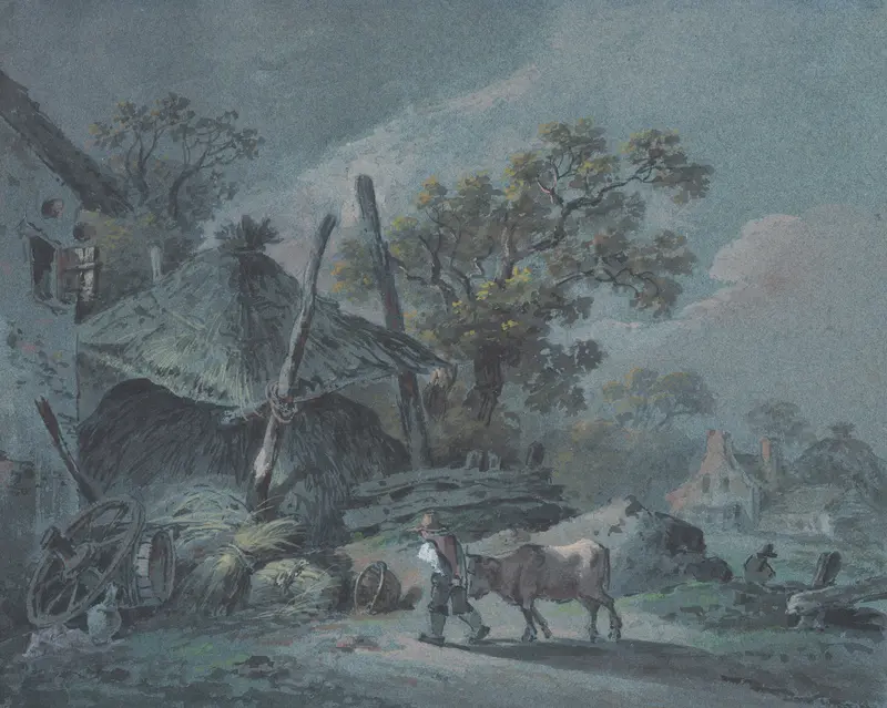 Rural landscape with a hay barn at twilight, oil painting by Johann Christian Brand