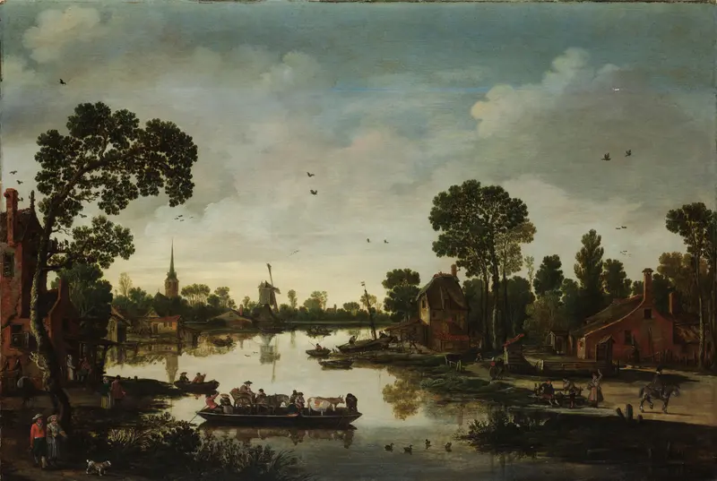 Oil painting by Esaias van de Velde featuring a river and figures at dusk.