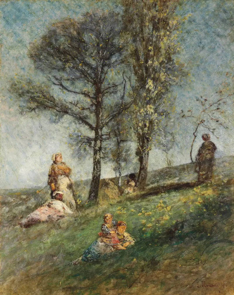 A Young Family Under Trees On A Hill by Adolphe Monticelli, oil painting depicting a family under trees.