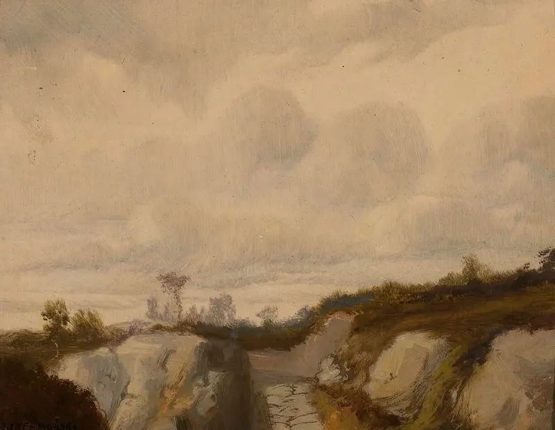 Road among rocks by Jozef Chelmonski, realism, depicting a winding road through rocky terrain
