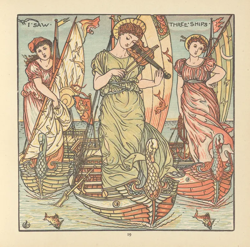 Walter Crane's 'I Saw Three Ships' depicts a serene marine scene with ships sailing under a bright sky.
