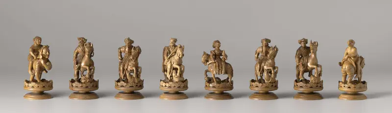 Chess set made of wood, featuring a king resembling Emperor Charles V, by an unknown artist.