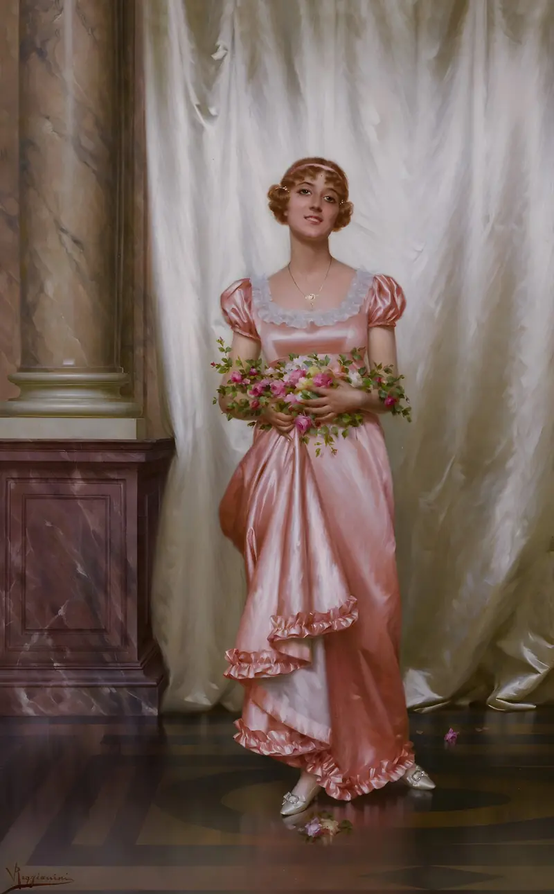 A detailed still life painting of roses by Vittorio Reggianini.