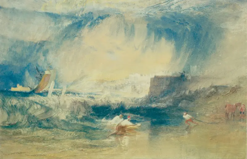 A large curling wave towers over Lyme Regis with a ship in the surf, figures struggling at the water's edge, and a horse beside small figures on the shore.