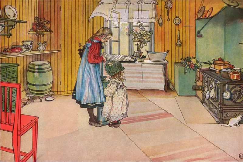 A cozy kitchen scene by Carl Larsson, showcasing domestic life.