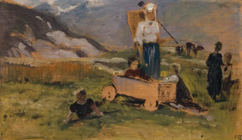 Children Playing on a Meadow, oil painting by Ernst Stückelberg depicting joyful children in a sunlit field.