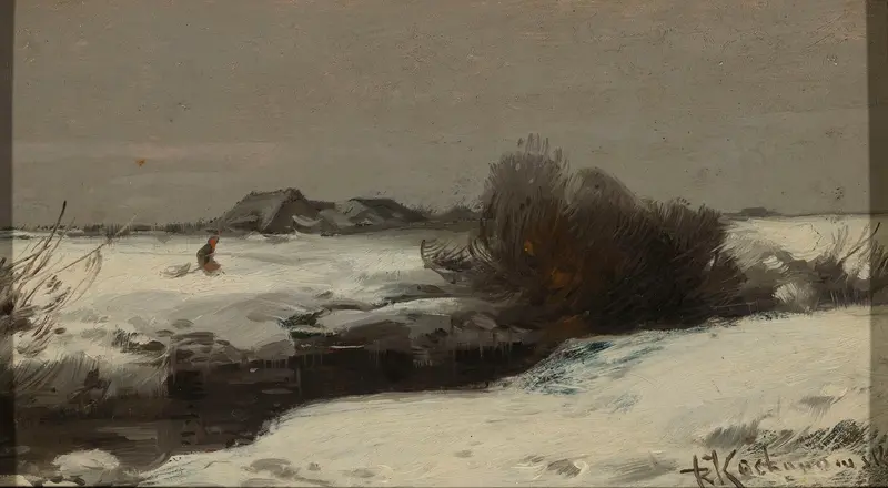 Winter landscape with a stream by Roman Kazimierz Kochanowski, oil painting