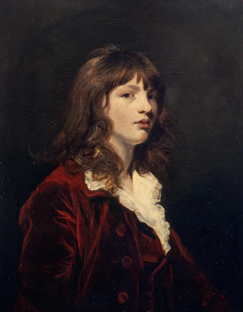 Portrait of Alexander Douglas-Hamilton, a young man in a red coat with loose hair, captured in a moment of life.