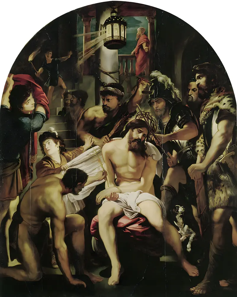 Mocking of Christ by Peter Paul Rubens depicts Christ being humiliated by Roman soldiers.