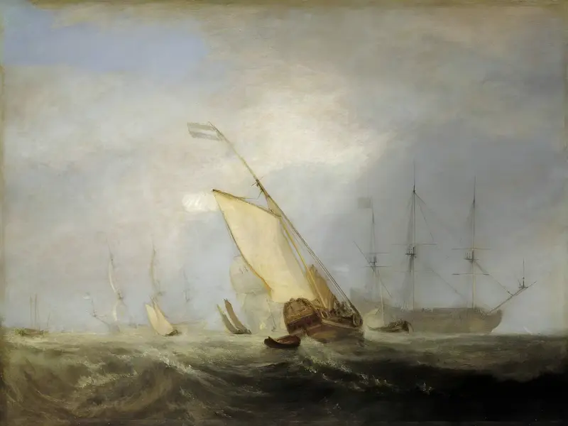 A Dutch warship with tall masts and rigging dominates the right side, with smaller sailboats and choppy green-grey waves under a pale, turbulent sky.