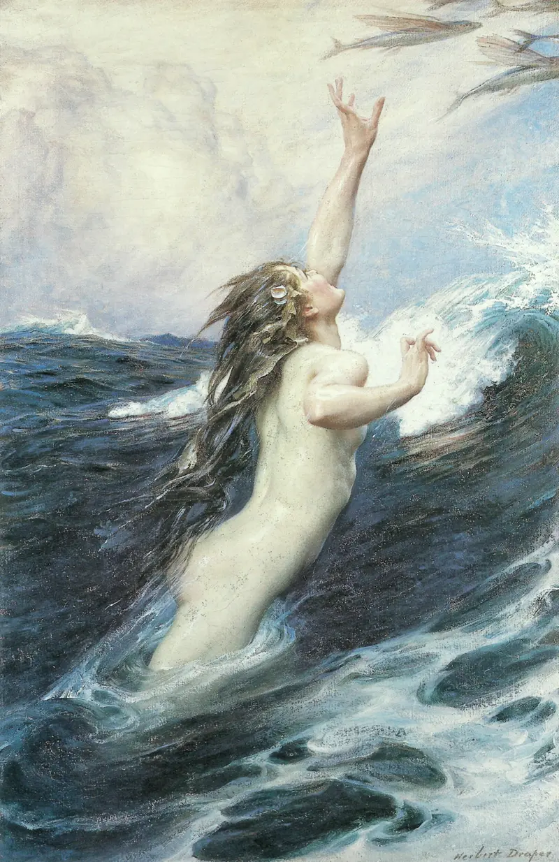 Herbert James Draper's 'Flying Fish' depicts a mythical scene with vibrant colors and dynamic figures.