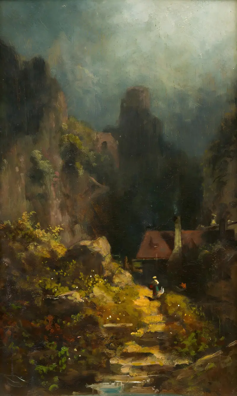 A serene landscape painting featuring a house with a smoking chimney in a gorge.