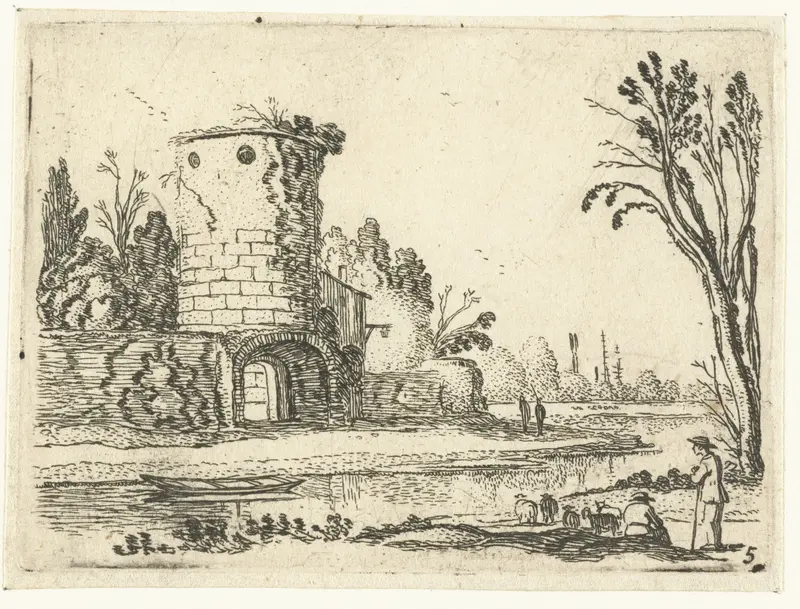 Ronde toren met een poort, etching by Esaias van de Velde depicting a round tower and gate.