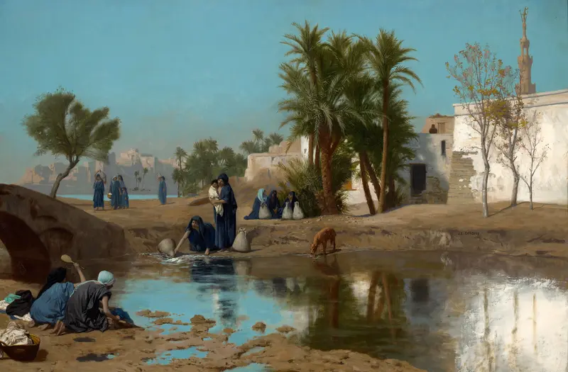 Fellah Women Drawing Water, oil painting by Jean-Léon Gérôme, showing women carrying clay vessels.