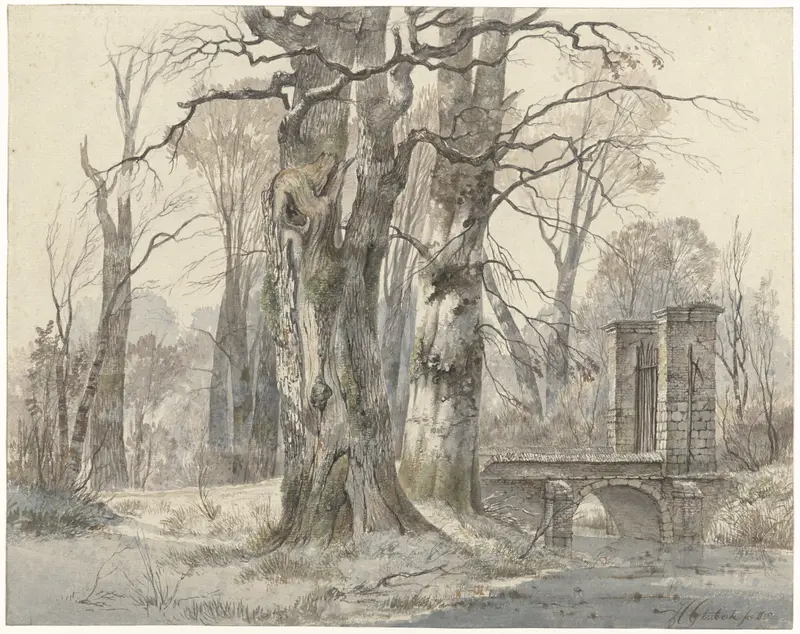 Winter landscape with a wooden gate between trees by Hendrik Gerrit ten Cate