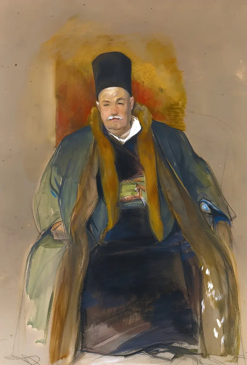 A detailed portrait of a prosperous merchant showcasing rich colors and intricate patterns.