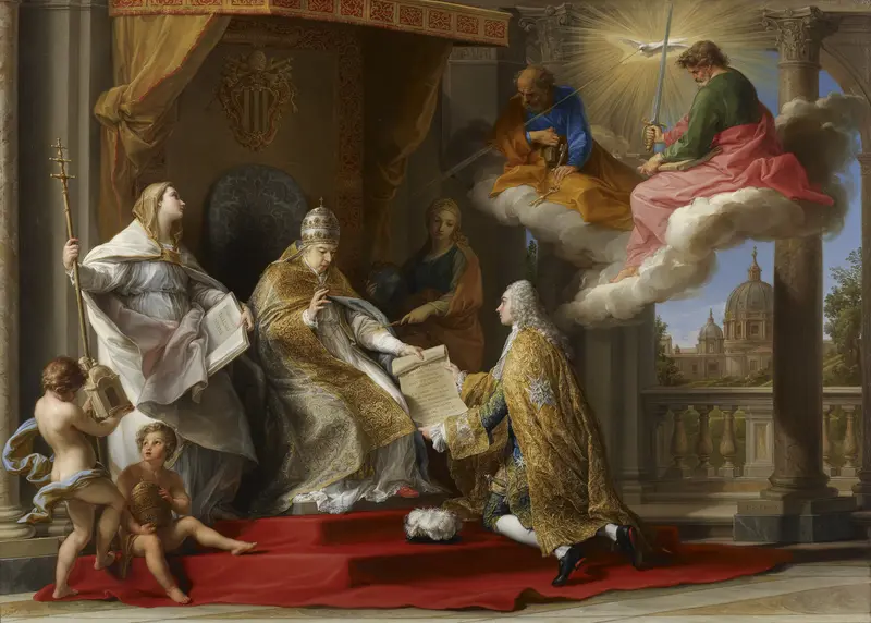 A depiction of Pope Benedict XIV presenting an encyclical to Comte de Stainville.