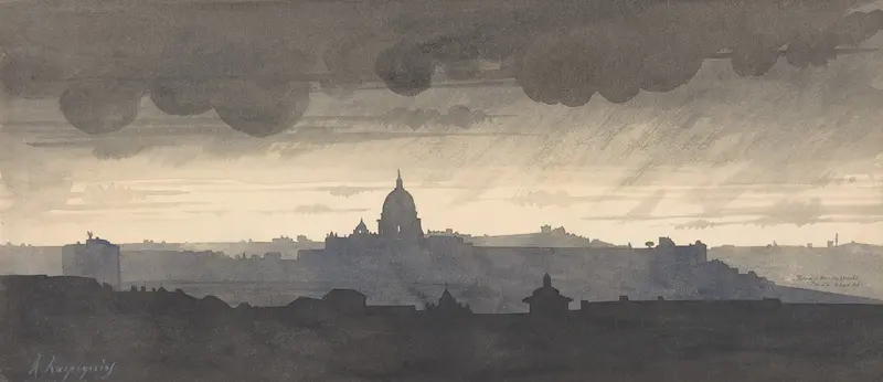 Saint Peter’s Seen From the Pincio, Rome by Henri-Joseph Harpignies, oil on canvas depicting a dome at twilight.