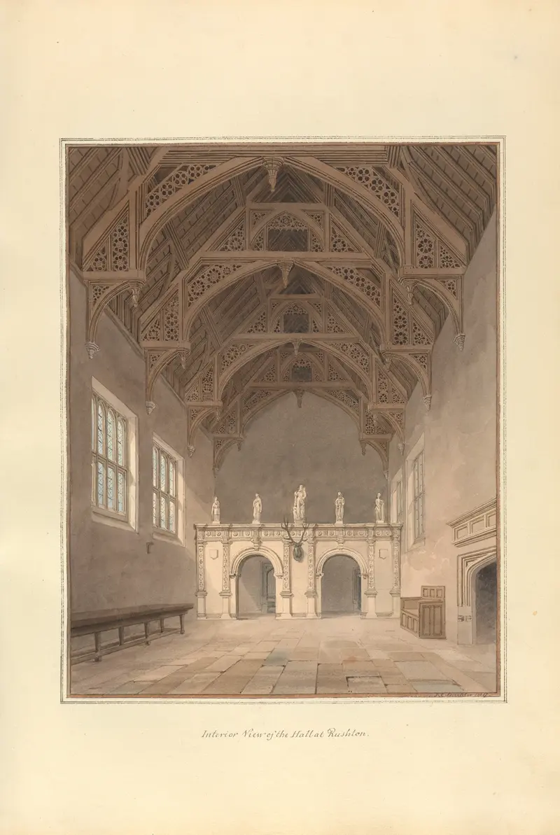 Interior view of a hall with grand archways, watercolor by John Buckler