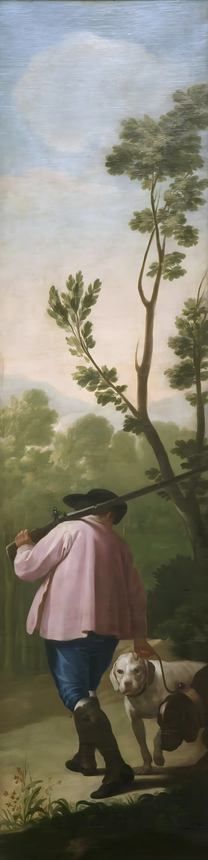 A nobleman pauses in a hunt with his two attentive dogs in an autumnal landscape.