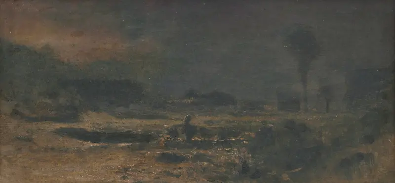 Landscape by Ladislav Mednyánszky, oil on canvas depicting lush greenery and a pastel sky.