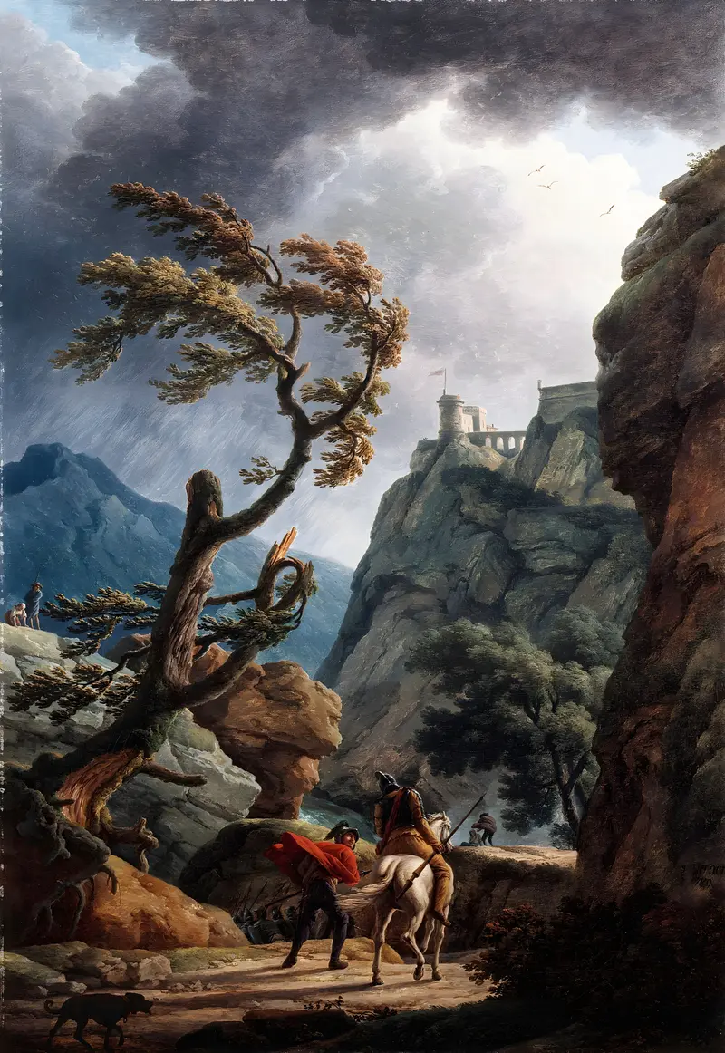 Oil painting by Claude-Joseph Vernet depicting soldiers in a stormy mountain gorge.