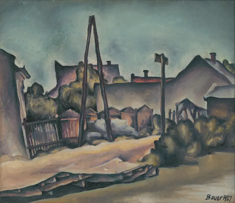 Landscape oil painting by Konštantín Bauer depicting a serene countryside.