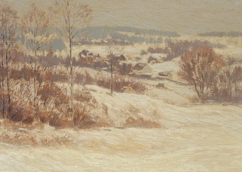 Landscape oil painting by Leonard Ochtman featuring soft hues and gentle brushstrokes