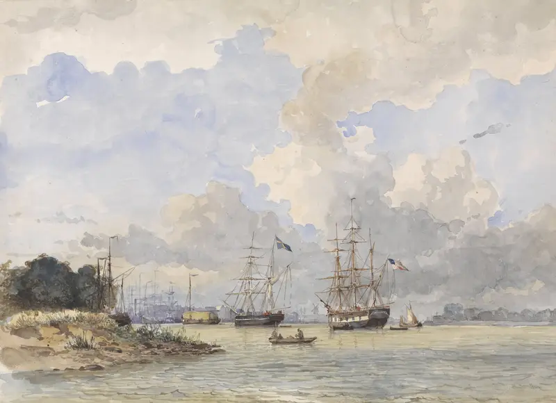 Oil on canvas by Willem Anthonie van Deventer depicting ships on calm water