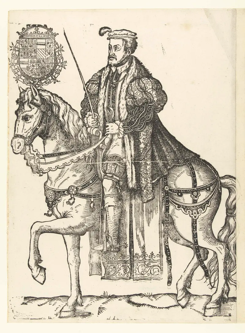 Portrait of Karel V on horseback, paper by Cornelis Anthonisz
