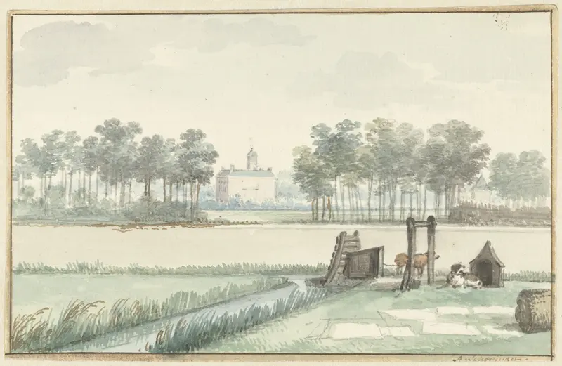 Oil painting by Aert Schouman depicting Het kasteel Ter Hooge on rolling hills.