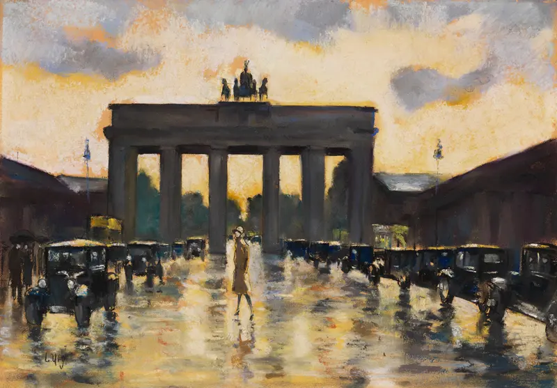 Oil painting by Lesser Ury depicting the Brandenburger Tor in soft light